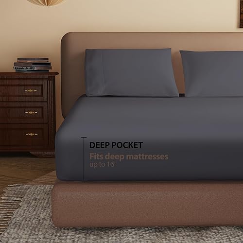 Miniatura 3 de Sábana bajera ajustable 100% algodón egipcio, tamaño matrimonial, 600 hilos, bolsillo profundo de 16 pulgadas, sábana inferior de tejido satinado