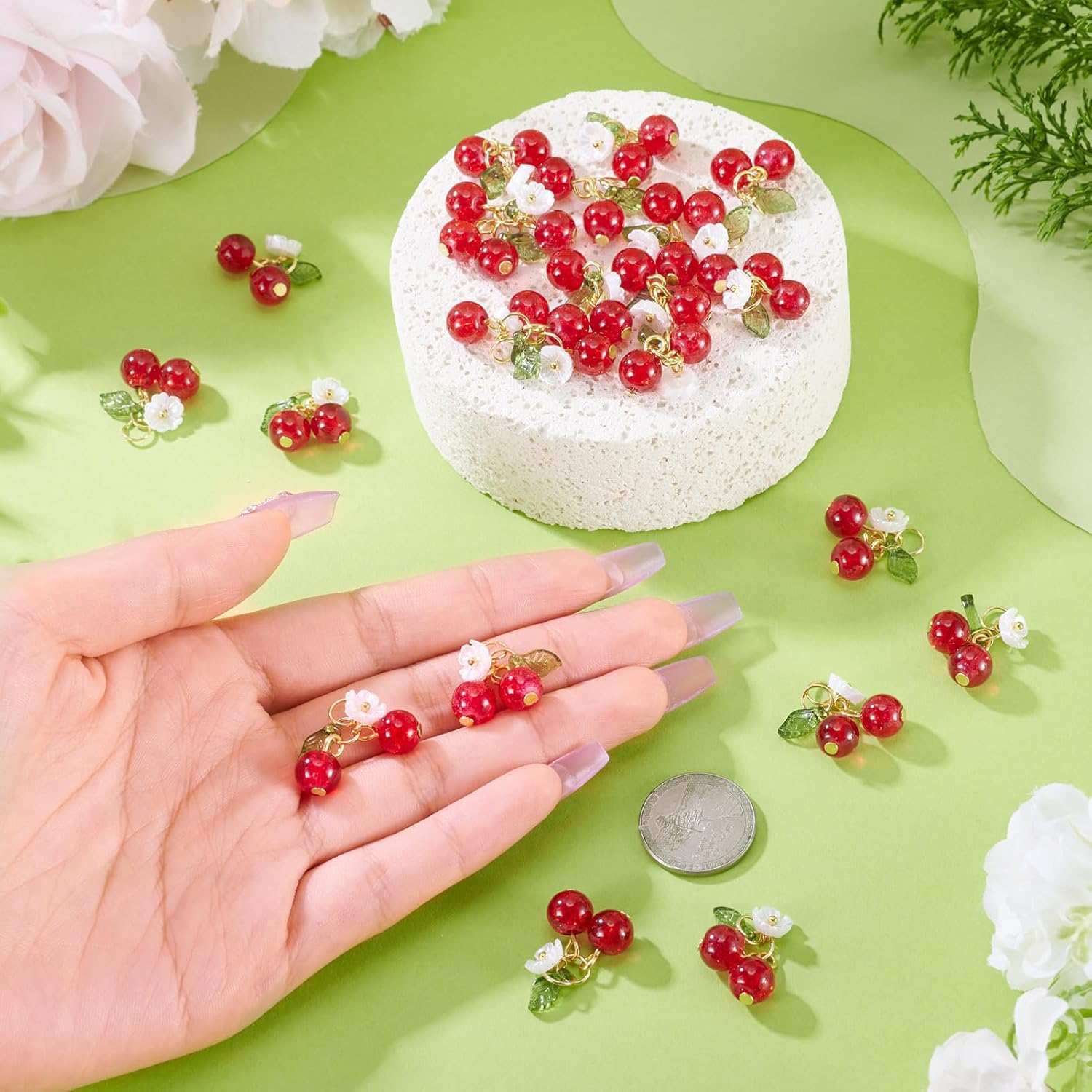 Glass Cherry Charms with Acrylic Green Leaf Beads 3D Cherry Dangle Pendants Cute Fruit Charms for DIY Crafts Earring Necklace Bracelet Jewelry Making - Image 4