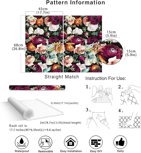 Miniatura 6 de HAOKHOME 93278 Papel tapiz floral para despegar y pegar, diseño de peonía, extraíble, negrorosaverde, papel de contacto, mural salvaje, 17.7