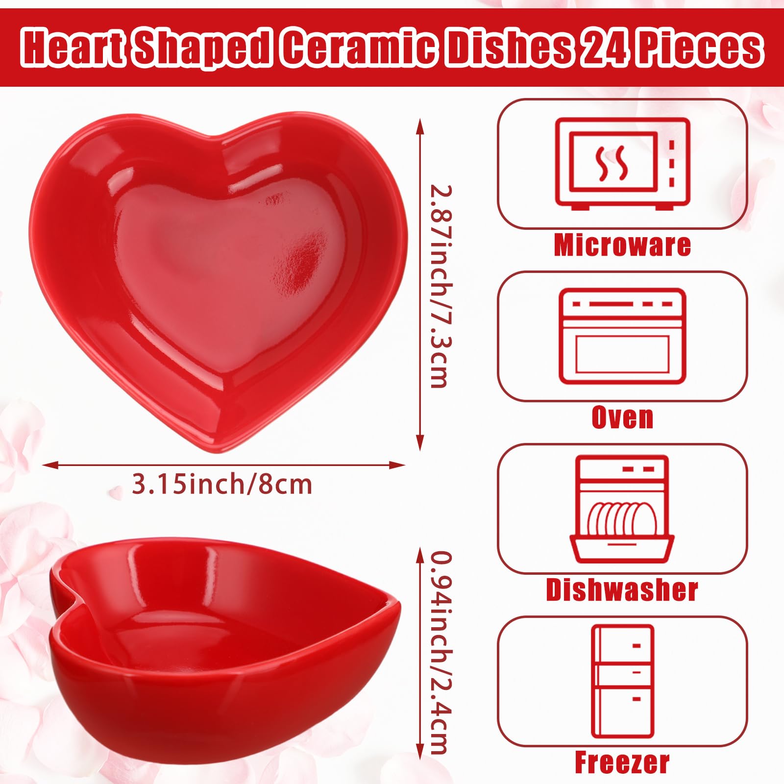 Dandat Lot de 24 mini bols à sauce soja en forme de cœur en céramique rouges - Assiettes mignonnes et polyvalentes pour sauce, condiments, collations, ketchup, sushis, apéritif