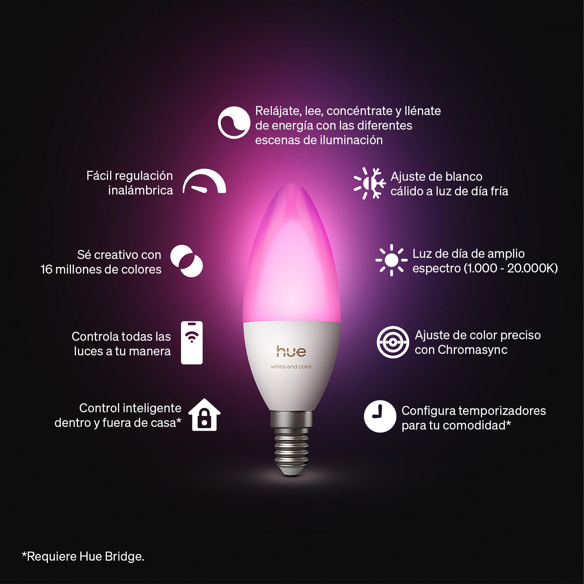 Philips Hue Bombilla LED inteligente E14 Vela, B39, 1 Ud, White and Color Ambiance, Luz de Espectro Completo 1000 K-20000 K, 500 lm, Regulación Ultrabaja, Chromasync, Alexa, Google Home, Apple Home
