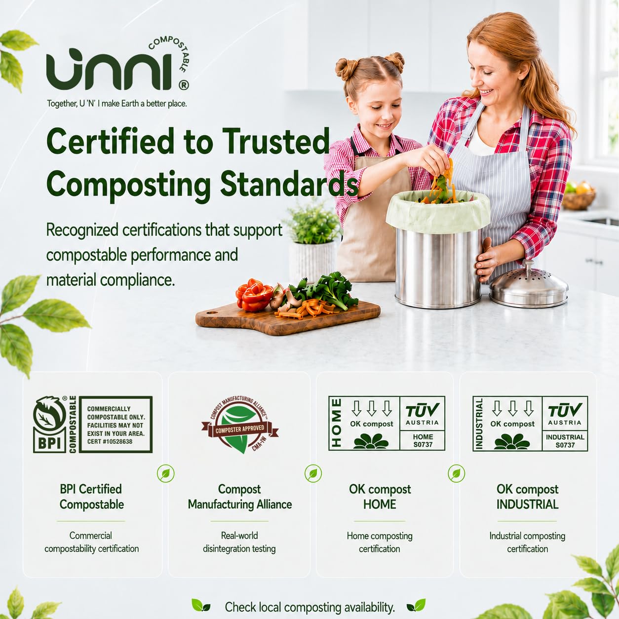 UNNI ASTM D6400 100% compostables Bolsas de Basura, 4 galones, 15 litros, 100 Unidades, Extra Gruesa de 0,75 milésimas de Pulgada, los Estados Unidos y Europa BPI Ok Compost Home Certificados