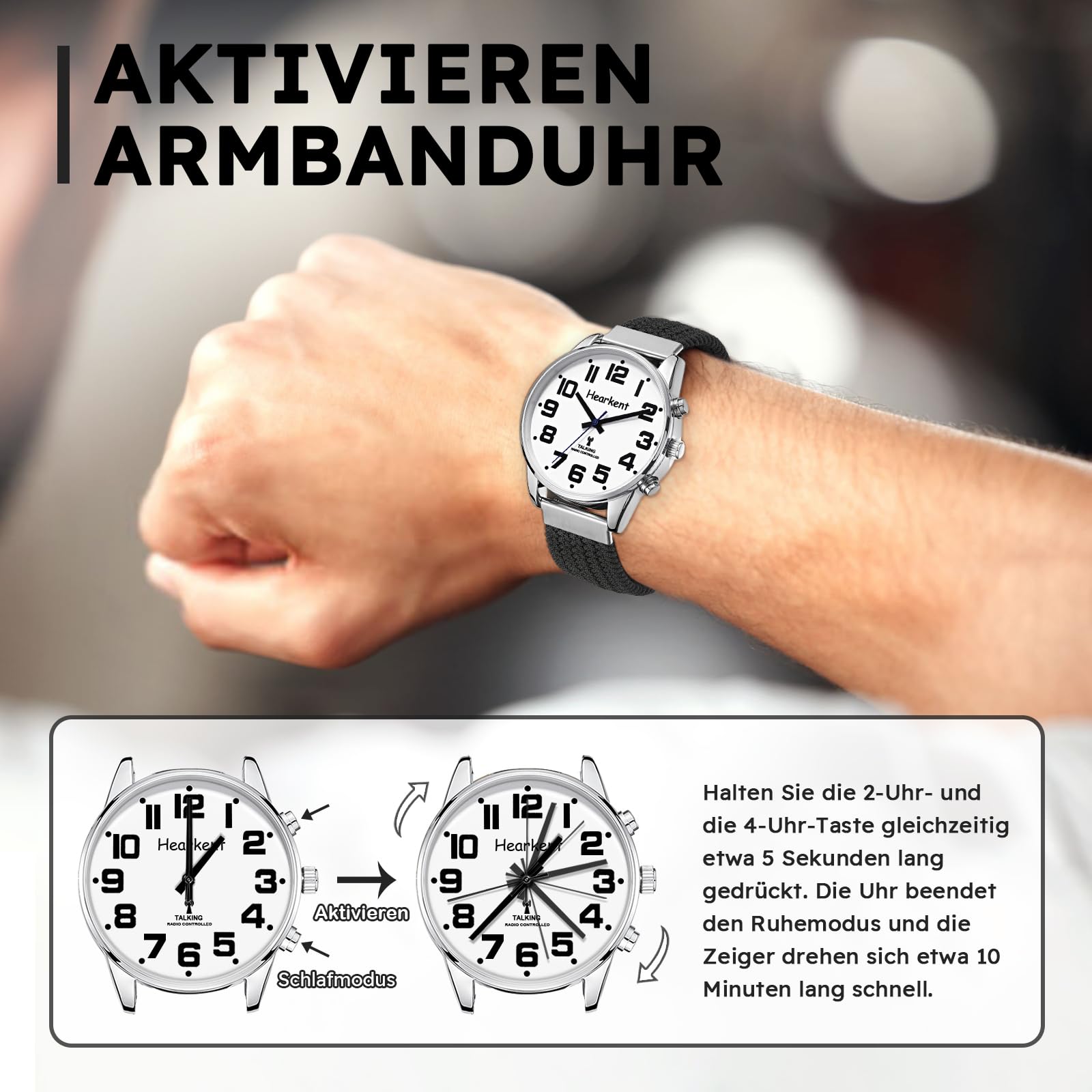 Hearkent Sprechende Uhr,Deutscher Stimme,Funkuhr Armbanduhr.Großen Zahlen | Selbsteinstellend für Sehbehinderte,Blinde oder Senioren Armbanduhr, Herrengröße-2309M