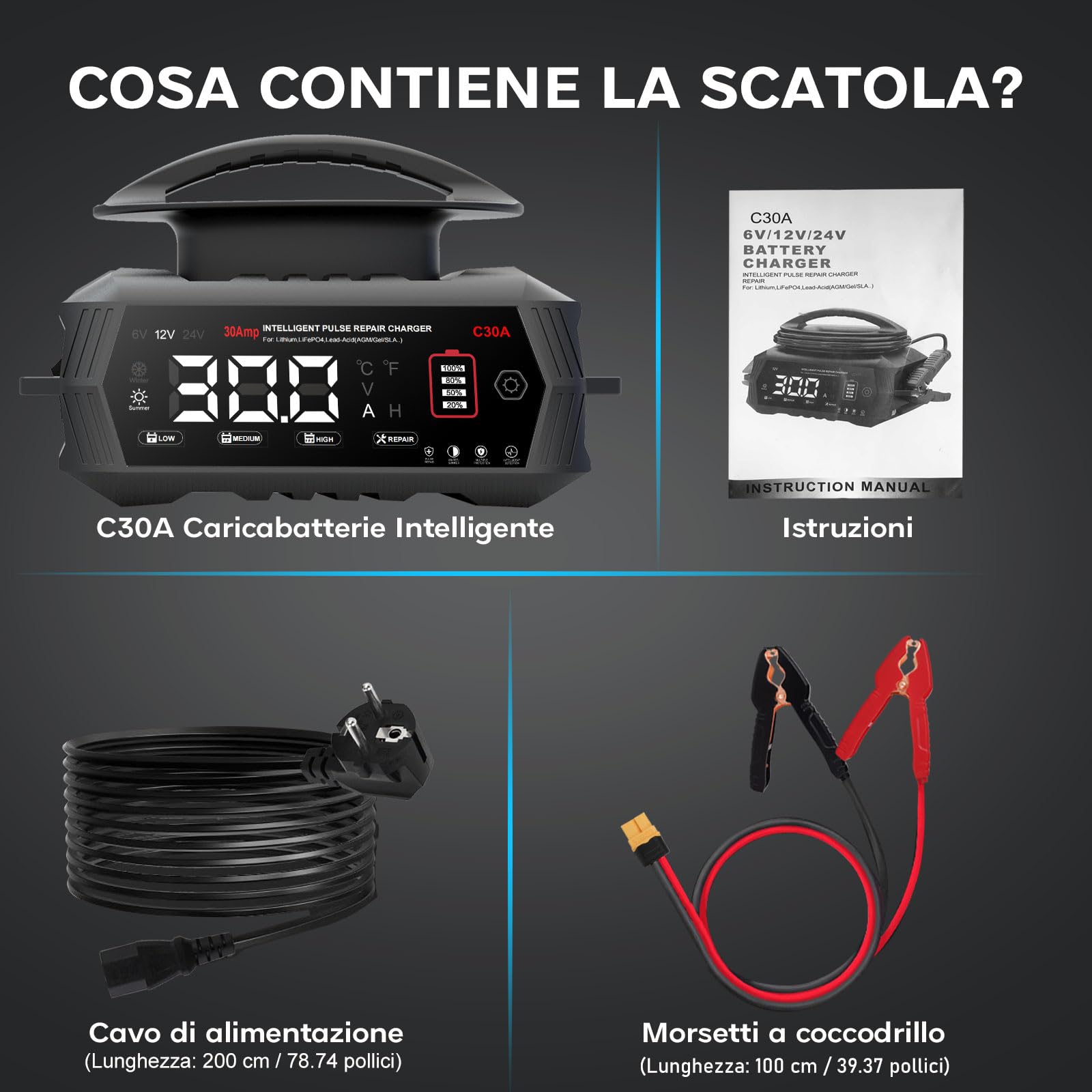 HTRC 30A Carica Batteria per Auto, 6V/12V/24V Caricabatterie Lifepo4, Caricabatterie Auto per Auto con Display LCD, Carica Batteria Auto per Barche SUV Litio LiFePo4 e Piombo Acido(AGM, GEL, WET)