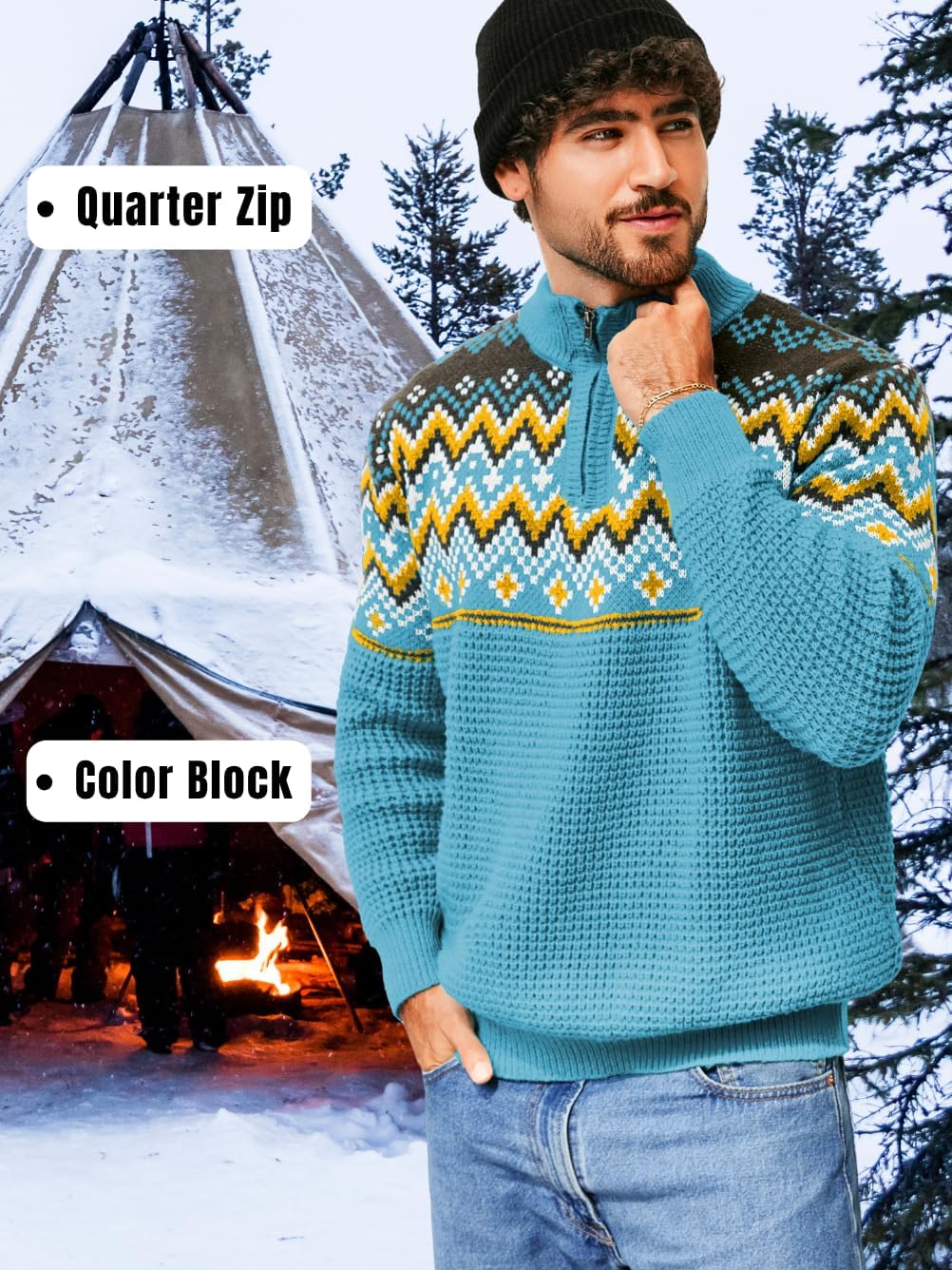 ChiaoLezhee Men's Quarter Zip Fair Isle Sweater, Pullover Waffle Knitted Stand Collar, Nordic Vintage Long Sleeve Fits 32-42