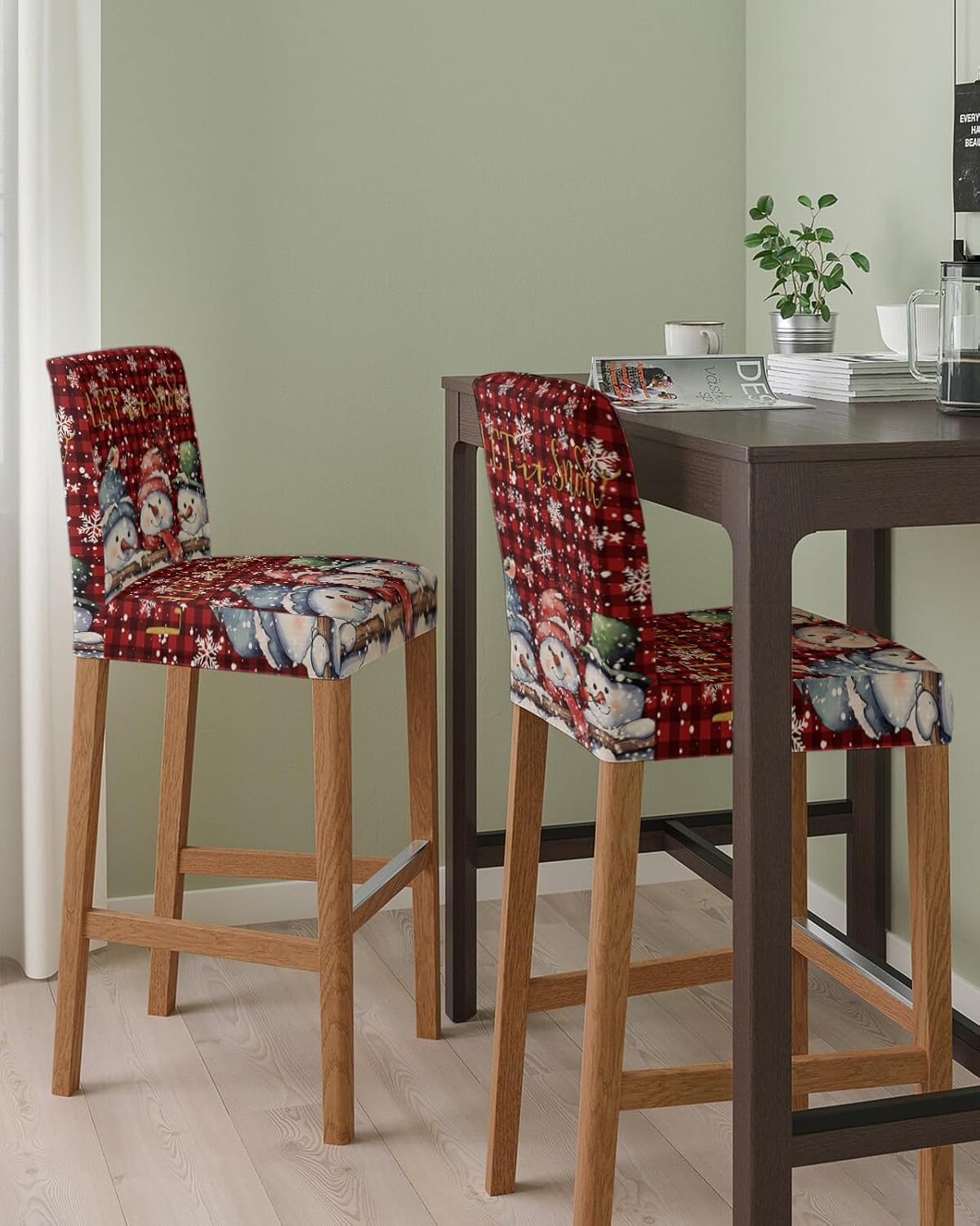 Christmas Winter Bar Stool Chair Covers Set of 2 with Back, Stretch Barstool Slipcovers Washable, Snowflake Snowman Plaid Red Pub Counter Height/Swivel/Cafe/Dining Room Chairs Seat Furniture Cover
