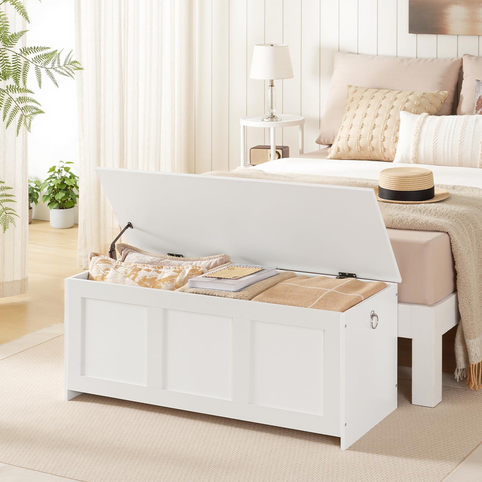 HOOBRO Cassapanca Portaoggetti da 100 cm con Cerniere di Sicurezza, Scatola Contenitore con Coperchio Ribaltabile, per Ingresso, Camera da Letto, Soggiorno, Bianco EWT141CW01