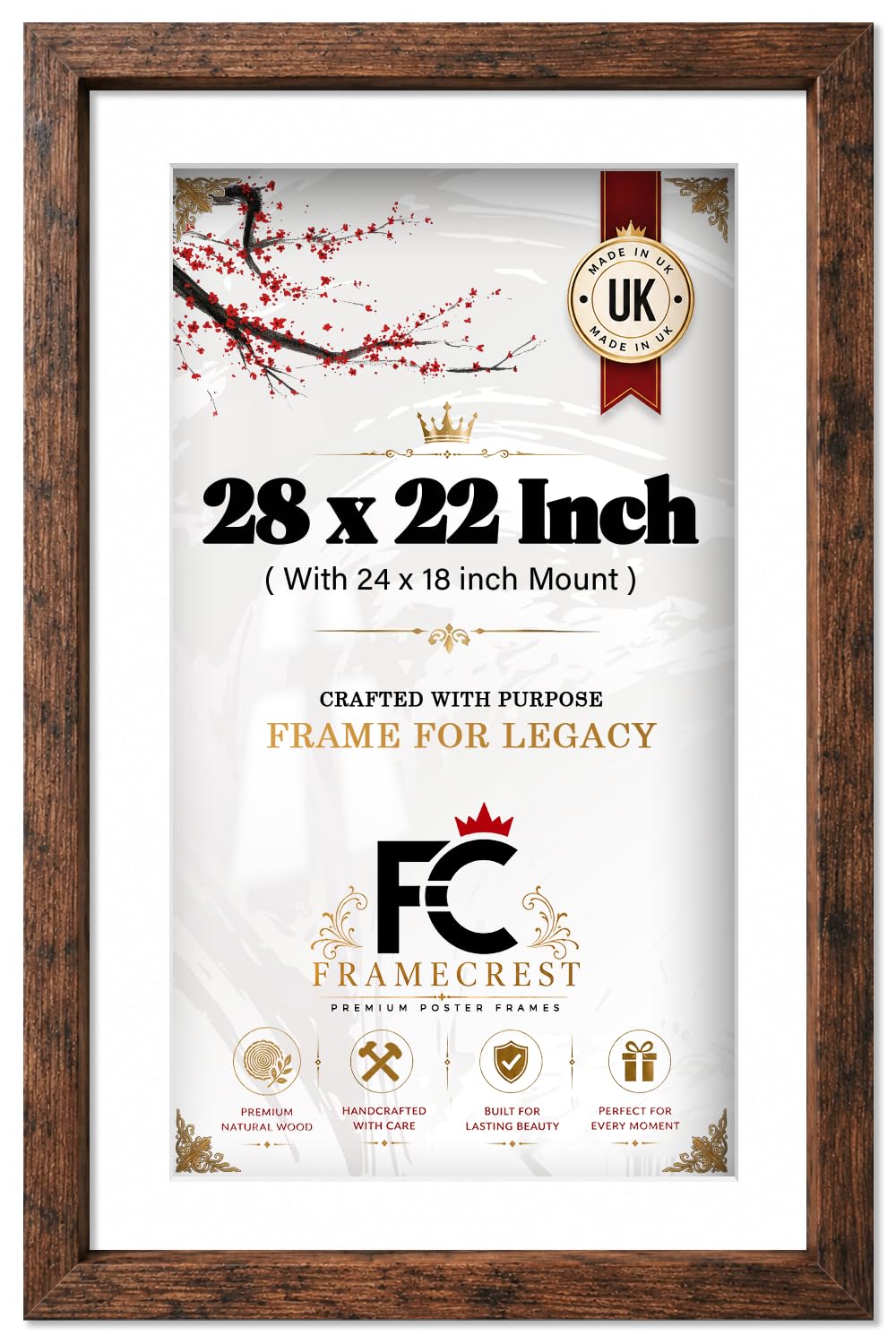 FRAMECREST LTD 28x22 Inch Rustic Engineered Wood Poster Frame with Mount for 24x18 Prints - Premium Gallery-Style Wall Decor with Perspex & Hanging Hardware [Rustic]
