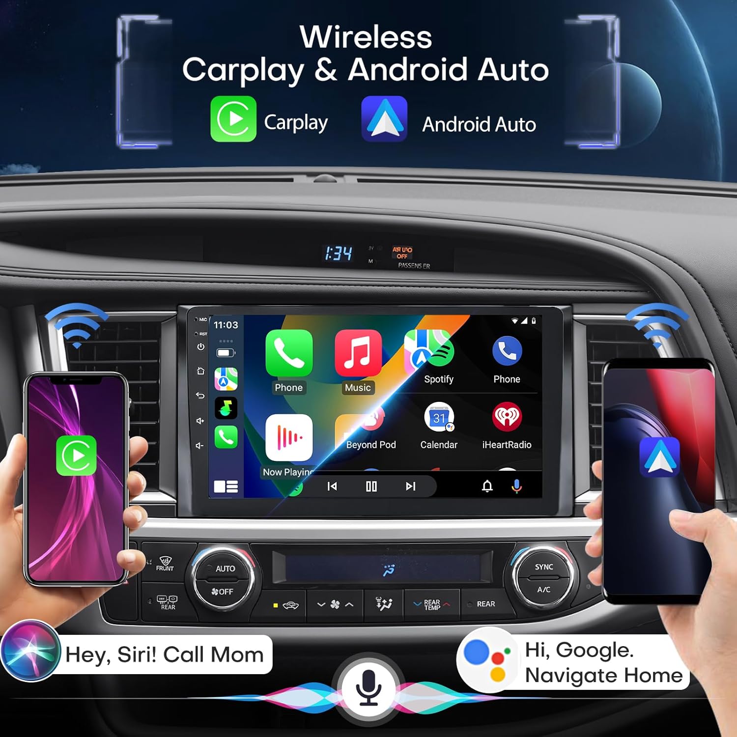 Car Radio for Toyota Highlander 2014-2019 Stereo Radio with Wireless Carplay Android Auto Upgrade 2+32G 10.1" Touch Screen GPS DSP SWC Bluetooth AHD Backup Camera Support JBL Amplifier