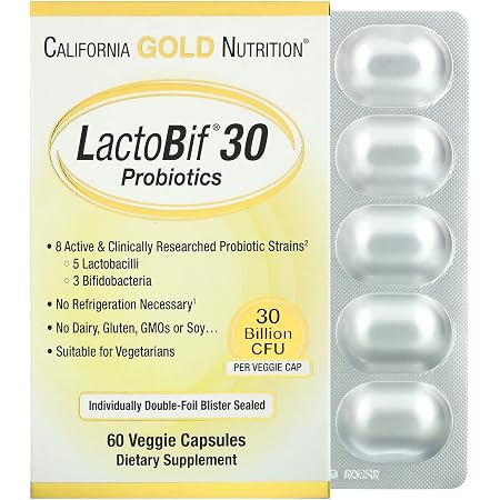 Amazon.com: California Gold Nutrition, LactoBif Probióticos, 30 mil  millones de UFC, 60 cápsulas vegetales, sin leche, sin pescado, sin gluten,  sin cacahuete, sin sal, sin soja, sin azúcar, vegetariano, sin trigo, sin