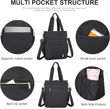 NOL Insulated Lunch Bag for Women, Large Spacious Lunch Tote Bag With Removable Adjustable Shoulder Strap with Multi Pockets,Leakproof Cooler Bag,Lightweight Nylon Waterproof Lunch Box For Work,Black
