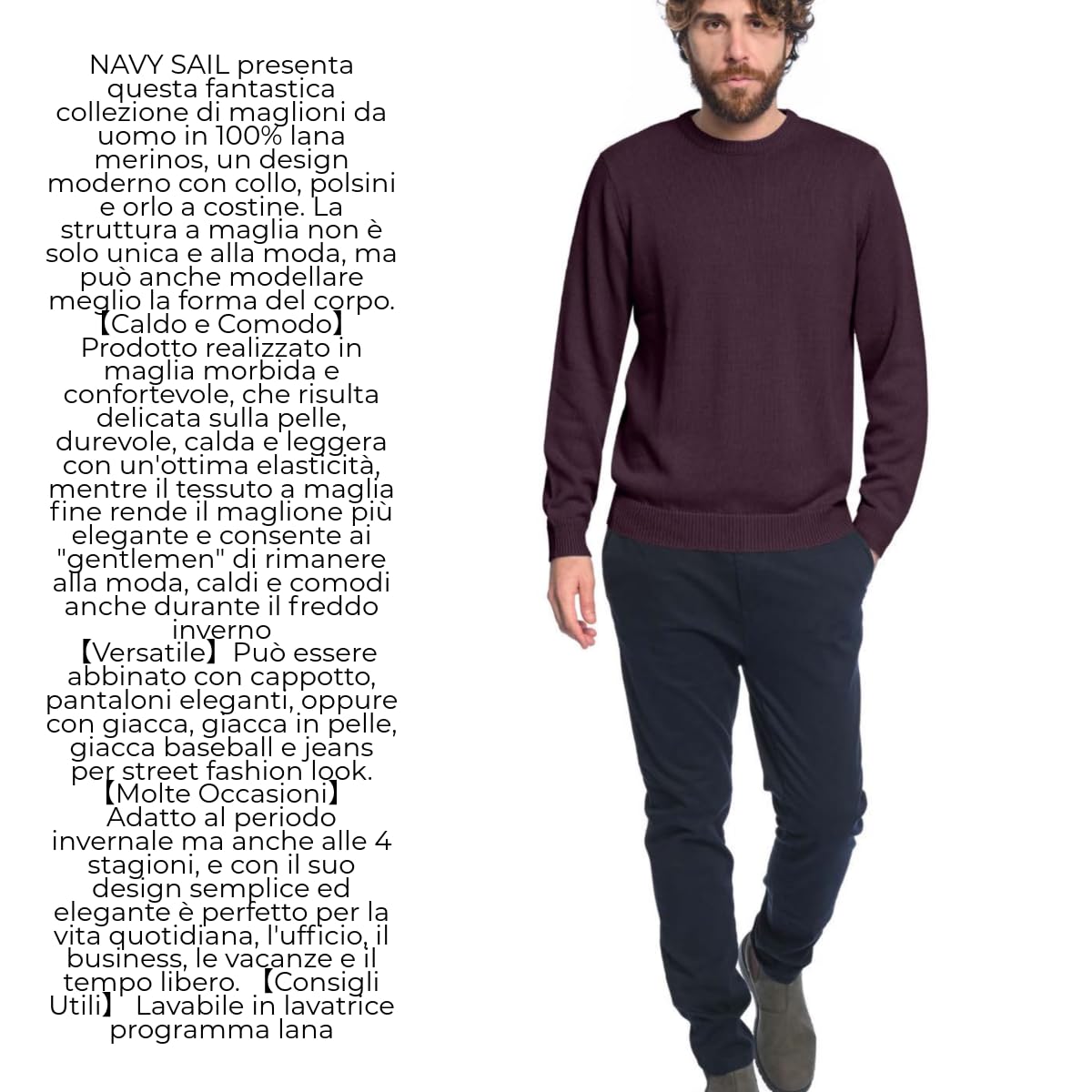 Maglione Uomo 100% LANA MERINO a Maniche Lunghe - Pullover - Maglione Uomo Invernale