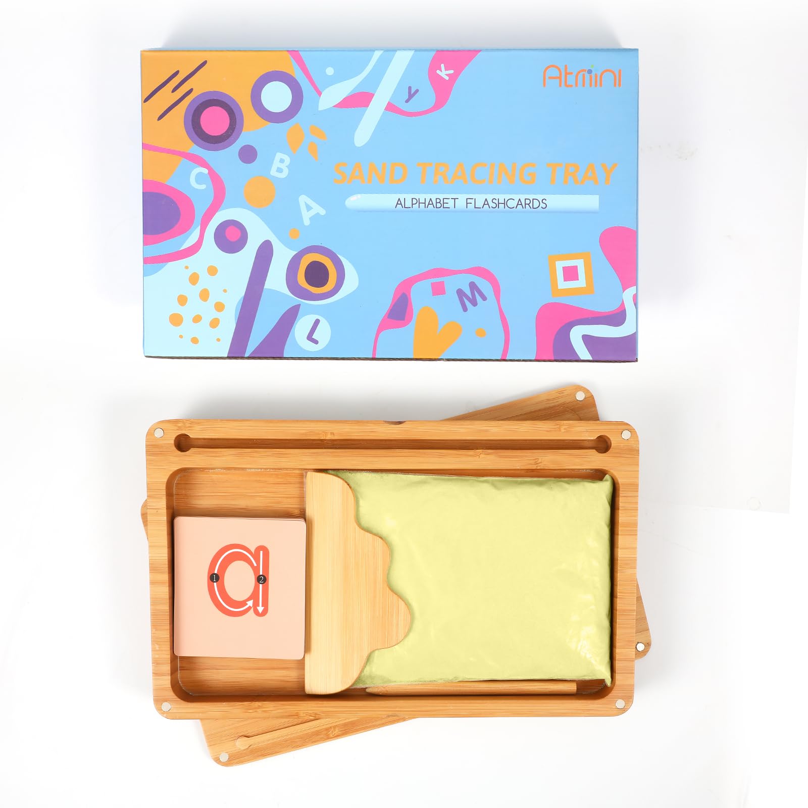 AtMini Montessori Sandtablet Primo allenamento lettere e segni giocattoli in legno educativo per lo sviluppo motorio precoce nei bambini (giallo)