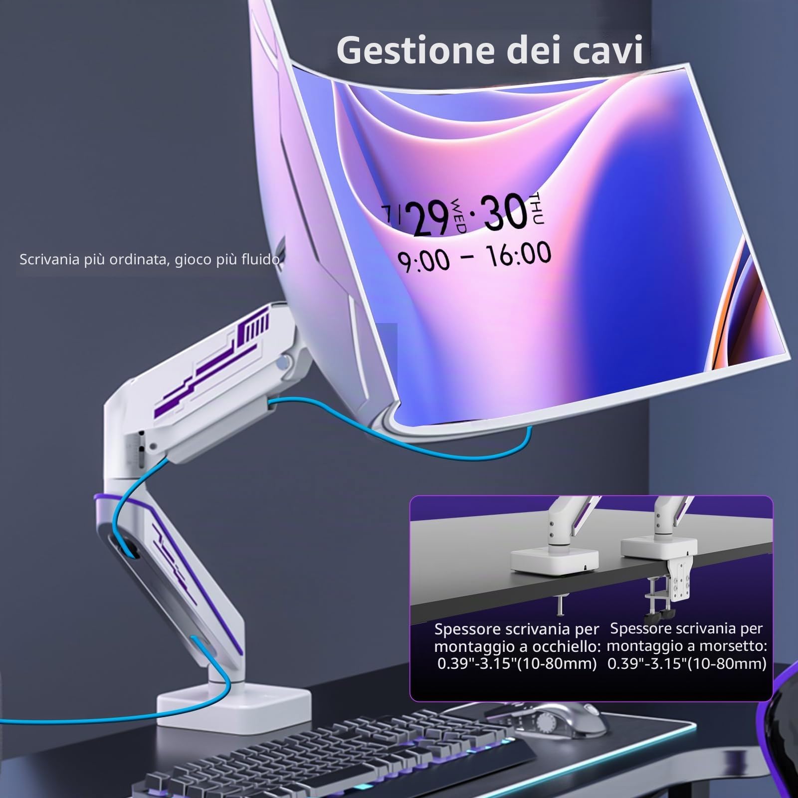 Braccio Monitor per 13-49 Pollici fino a 20 kg, Rotazione 360° Supporto Monitor Scrivania, Monitor Arm Inclinazione e Altezza Gas Regolabili, Porta Monitor Gestione dei Cavi, VESA 75/100 mm