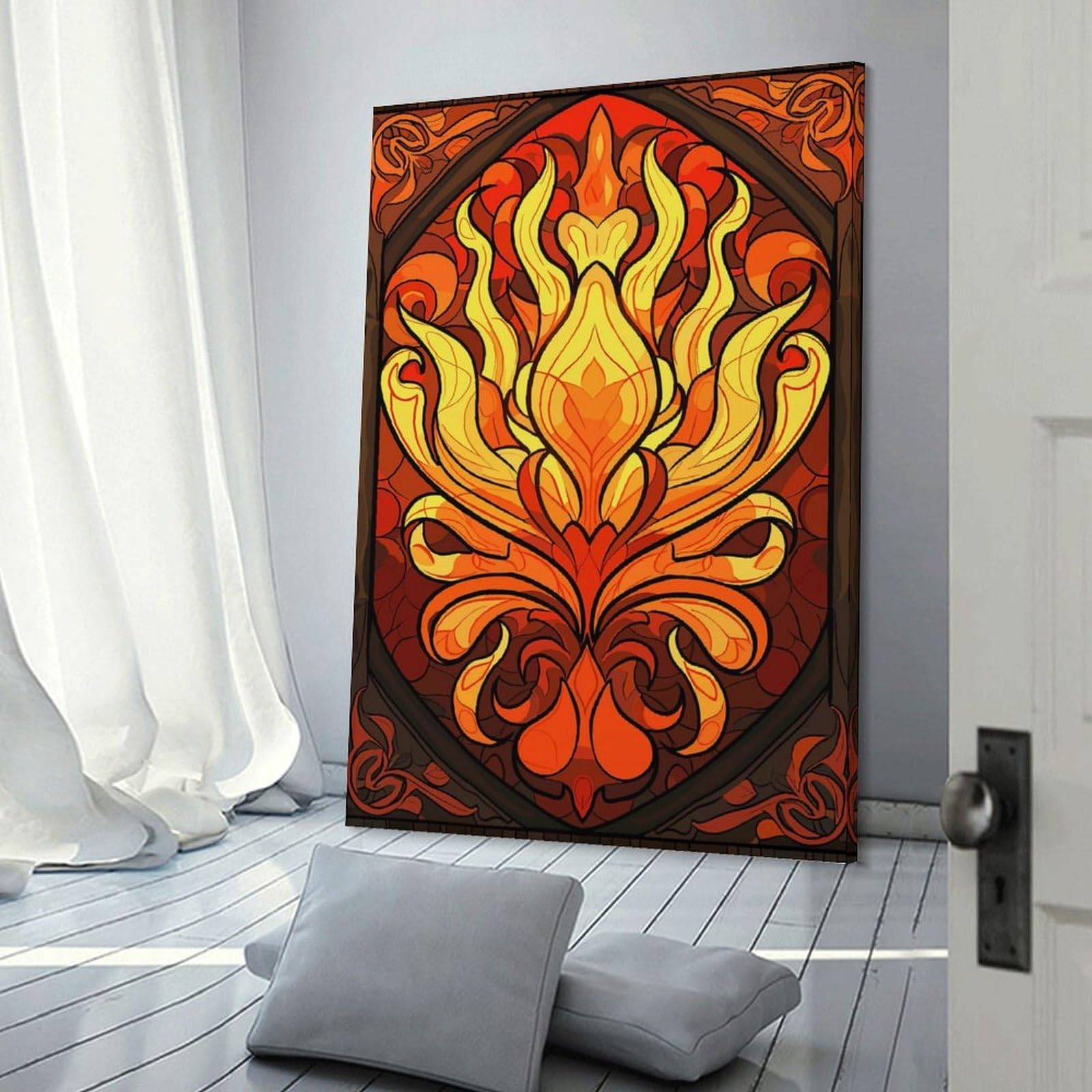 Junmoney Canvas Wall Art Fiery Floral Stained Glass Design, 08x12inch(20x30cm), for Living Room, Lounge Or Sitting Room, Canvas Styling for A Polished Room Look