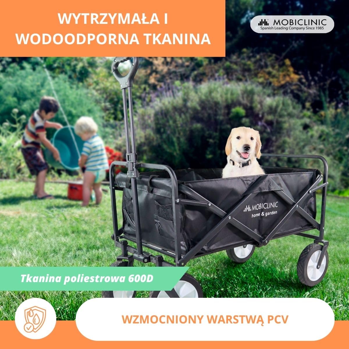 Mobiclinic®, Składany wózek transportowy, Na plażę i do ogrodu, Duna pro, Regulowana rączka, 360º terenowe koł, Nośność 100 kg, 85x54, 5x58, 5cm, Wodoodporny, Stal, Pcv, Czarny