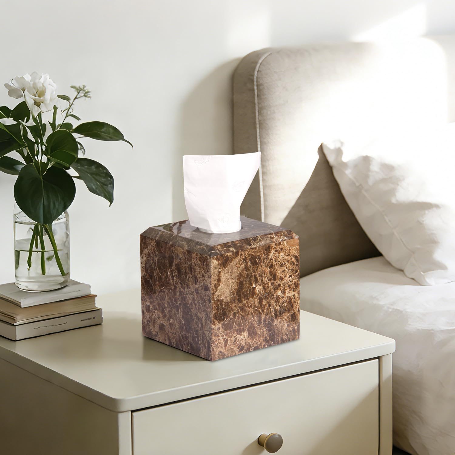 Taschentuchbox Hülle Marmor Natürlicher, Dunkelbraun, 14x14x14cm | Quadratisch, Dekorationshalter, Organizer für Badezimmer Schlafzimmer Küche Büro, Heimdekoration