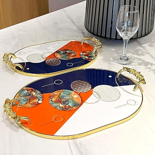 Miniatura 7 de Zosenley Bandeja decorativa, juego de 2 bandejas de plástico con asas doradas, bandeja ovalada de tocador para baño, cocina, otomana y mesa de café