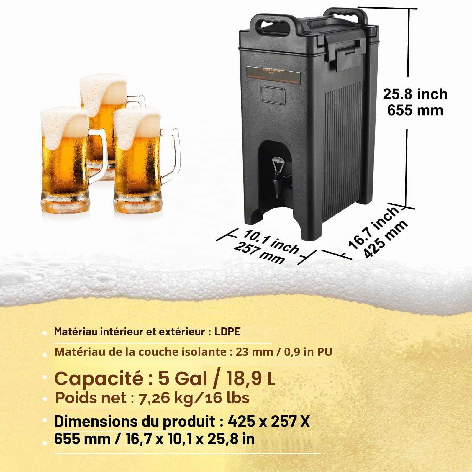 VEVOR Distributeur de Boissons Isotherme 19 L Distributeur d’Eau Chaude et Froide Non Électrique Conservation 10 H Conteneur Isotherme avec Robinet Portable LDPE Alimentaire pour Camping Restauration