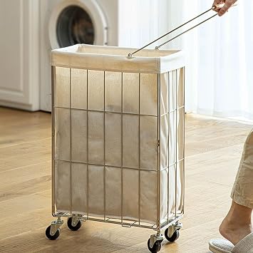 Stainless Steel Rolling Laundry Basket with Wheels,Solid Steel Bars, Silent Wheels, Detachable Waterproof Liner and Foldable,Clothes Sorter and Laundry Basket