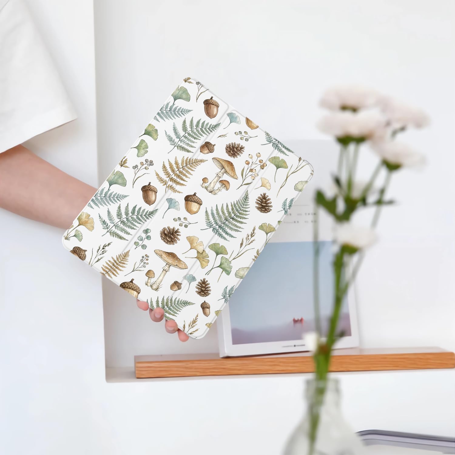 Mushroom Pinecone Leaves for iPad (A16) 11th Gen Case 11 Inch 2025, for iPad 10th Gen Case 10.9 Inch 2022 with Pencil Holder, Auto Sleep/Wake, White Leather Soft TPU Back Cover