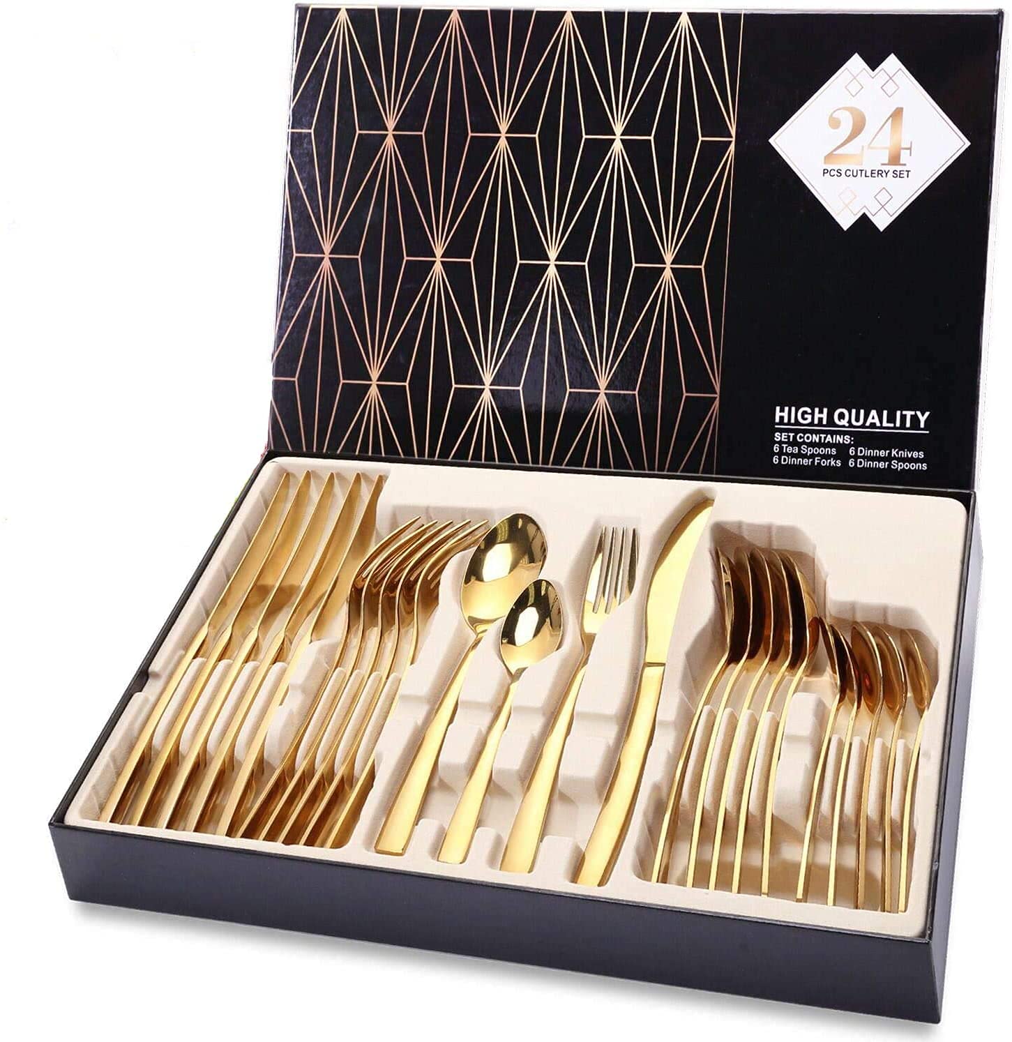 AMERTEER Silverware Set, 24-Piece Stainless Steel Flatware Set With Titanium Gold Plated, Golden Color Flatware Set, Silverware, Cutlery Set Service For 6