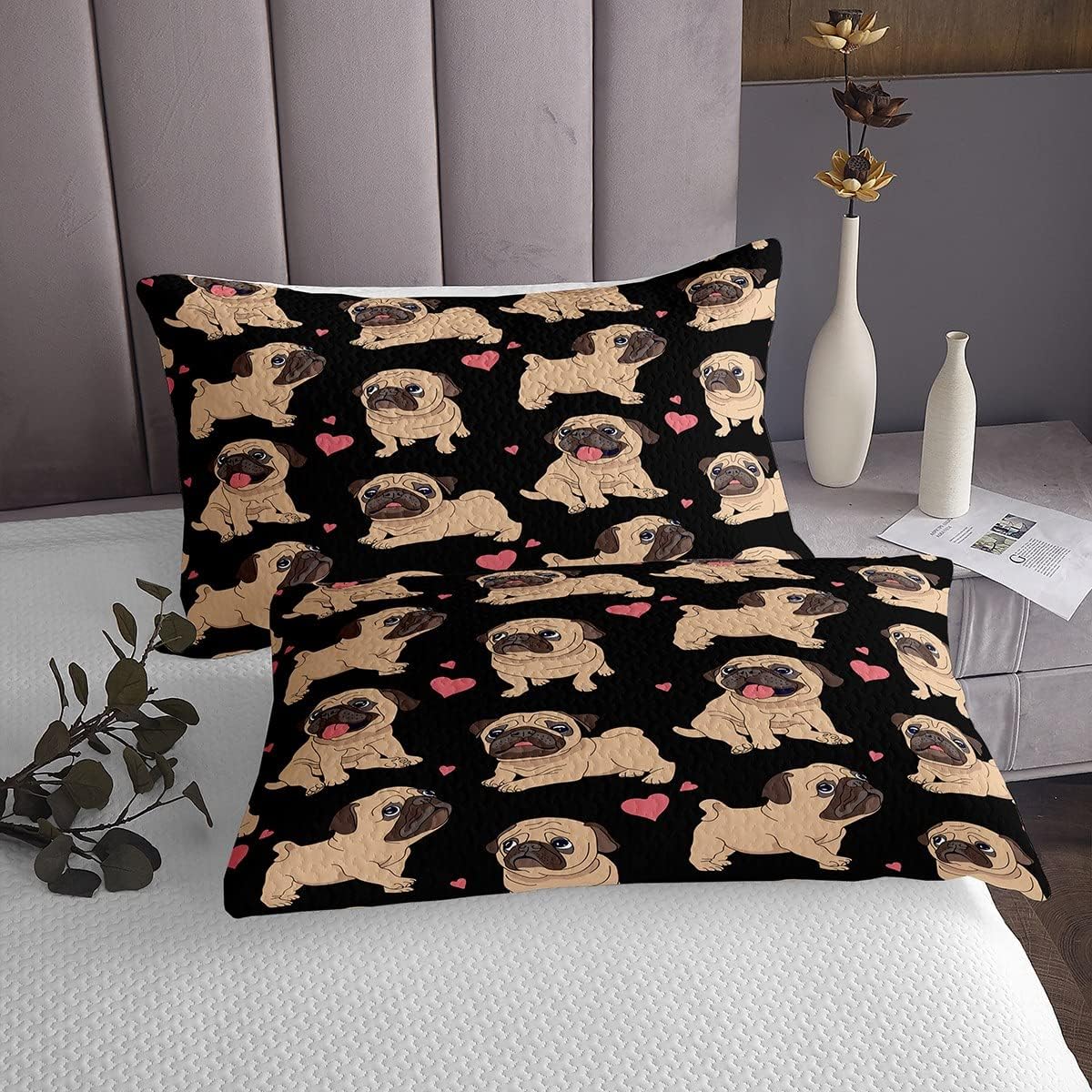 Feelyou Puppy Dog Bedspread Kawaii Pug Coverlet Set Love Heart Prints Bedding Collection Animal Pattern Black Bedding Set for Kids Boys Girls Adults