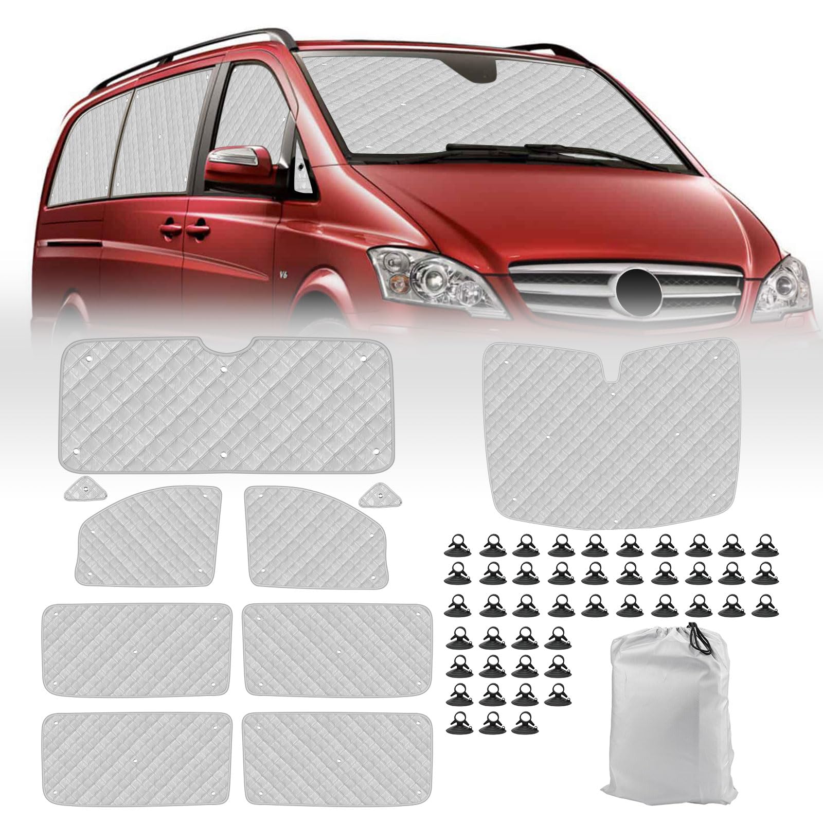 Technology Thermomatte Ersatz für Mercedes-Benz VITO III W447 / Viano 2014-2022 (LWB), Fahrerhaus 10-teilig, Aluminiumfolie Faltbar Sonnenblende, Sonnenschutz Frontscheibe Abdeckung