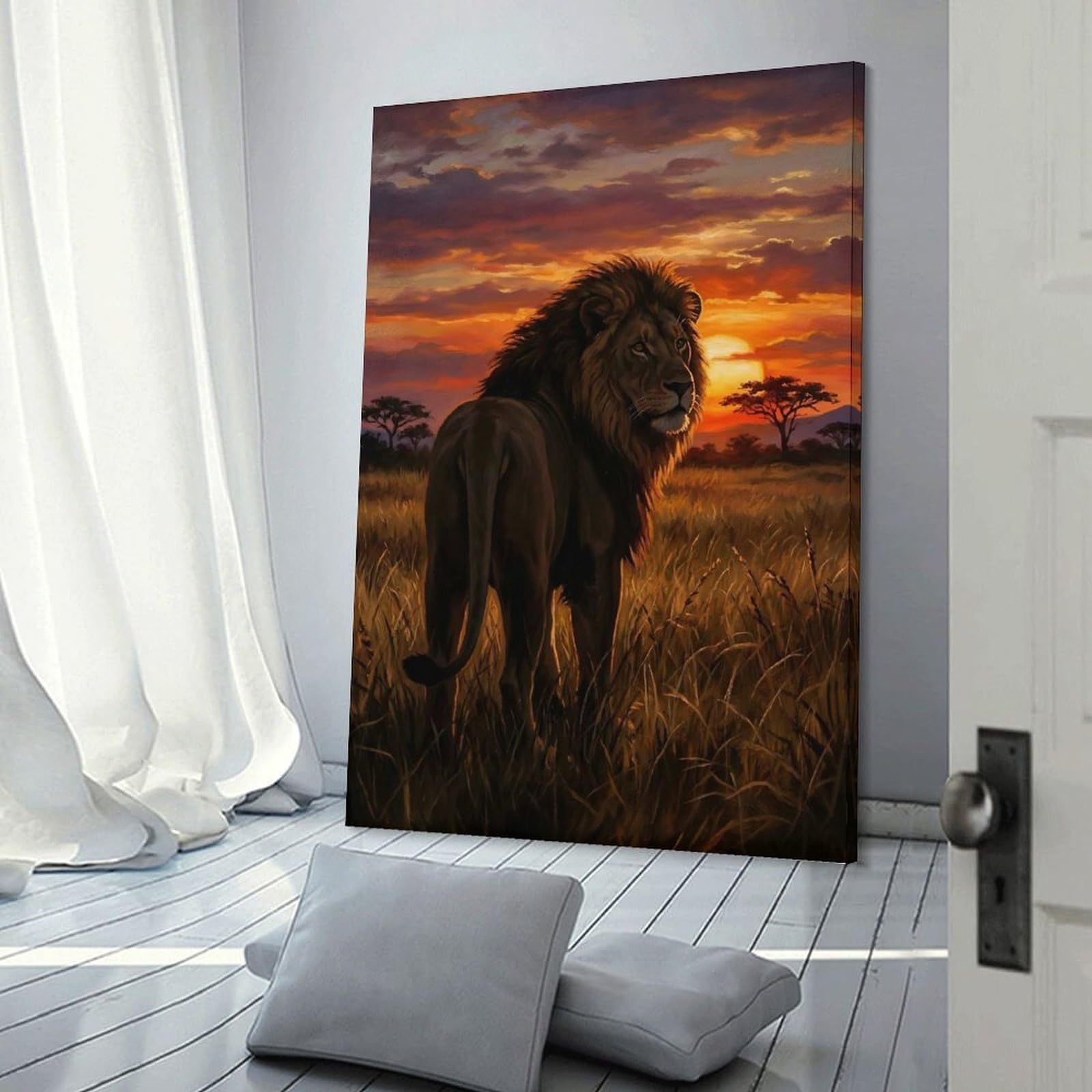 Junmoney Lion at Sunset in Savannah Canvas Wall Art 24x36inch(60x90cm), for Work Areas, Reading Rooms Or Studios, A Smart Decor Choice for Study Walls