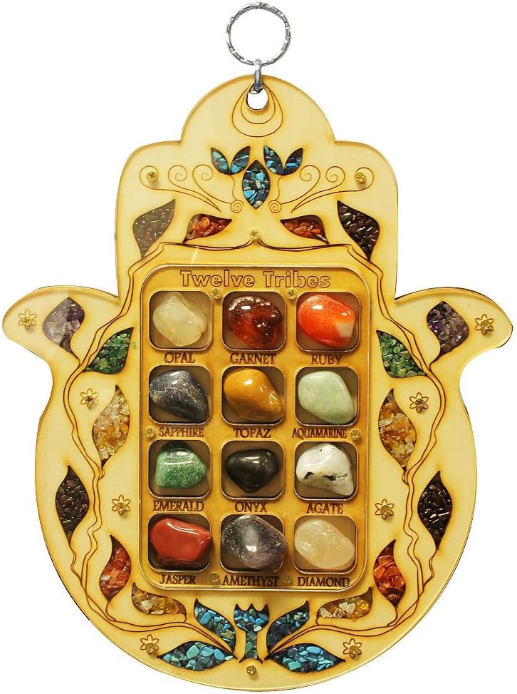 My Daily StylesLarge Wooden Hamsa Hand Good Luck 12 Tribes of Israel Simulated Gemstones Wall Decor - Made in Israel