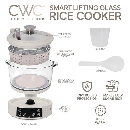 Miniatura 2 de COOK WITH COLOR Arrocera de vidrio baja en carbohidratos de 3 litros, hace 6 tazas de arroz cocido bajo en azúcar con cesta de filtro de elevación