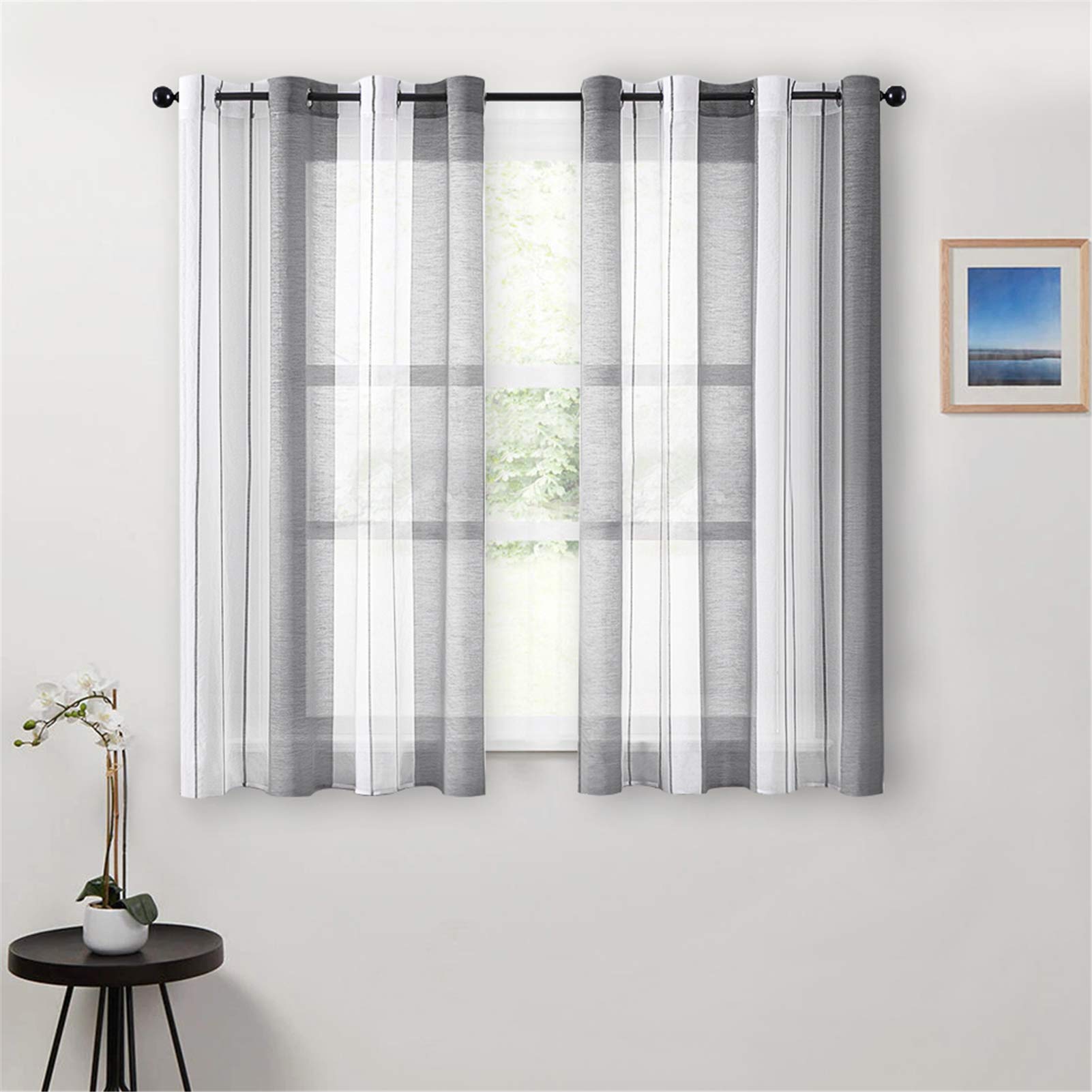 MRTREESVoile Curtains 57 Drop 2 Panels Grey and White Eyelet Voile Curtain with Stripe Design Semi Sheer Curtains For Kids Living Room Bedroom Kitchen Curtains 55x57 Inch 140x145 cm