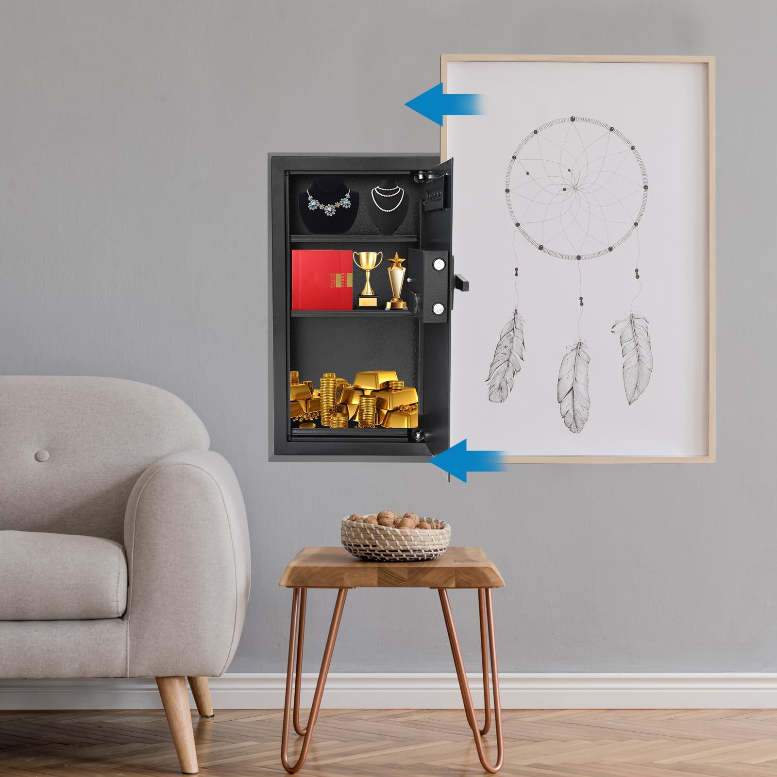 Caja fuerte de seguridad empotrable con código numérico y llave de emergencia, ojo de cerradura oculto para documentos y objetos de valor (37 x 10 x 65 cm)