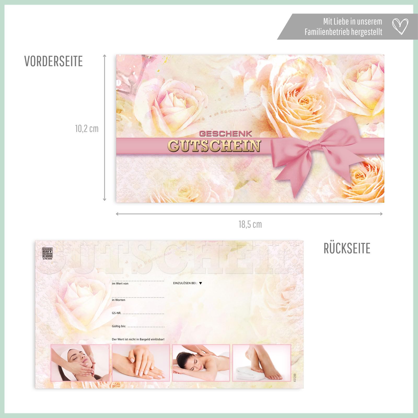 GESCHENKGUTSCHEINcom - 50 Gutscheine mit Umschlag/Schleife für Kosmetikinstitut Kosmetik Wellness - Geschenkgutschein-Vordruck blanko KS1289-2-50