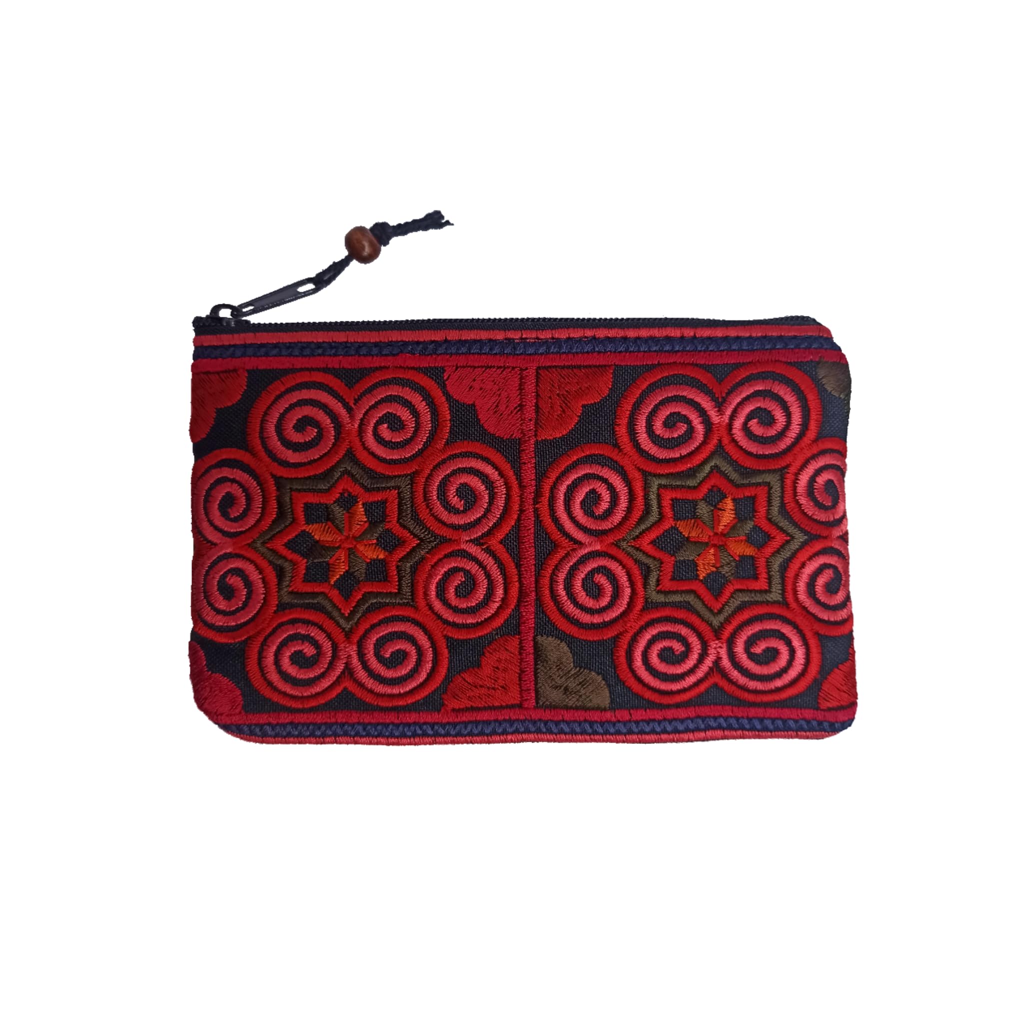 Sabai Jai - Handmade Coin Purse - Small Embroidered Boho Change Purse Pouch, Dark Red, S, Handmade Thai Coin Purse