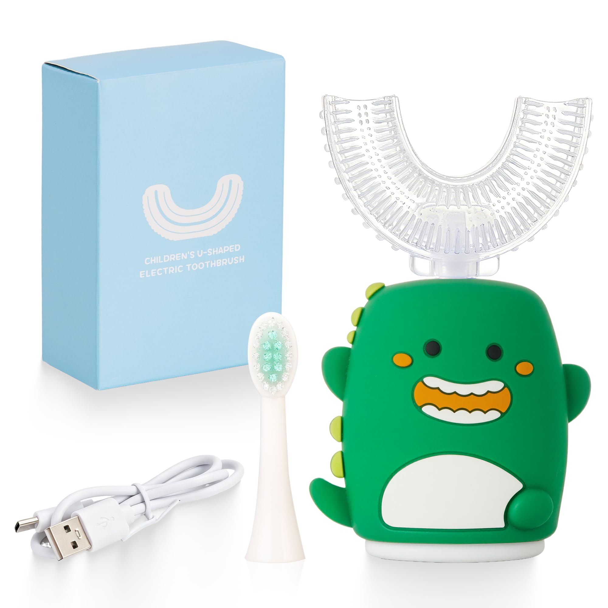 Kids Sonic Electric Toothbrush U Shaped Automatic Timer IPX7 Waterproof 5 Modes 360° Oral Cleaning Teeth Whitening Gums Massage Replaceable Soft Cartoon for 2-7 (Green Dinosaur)
