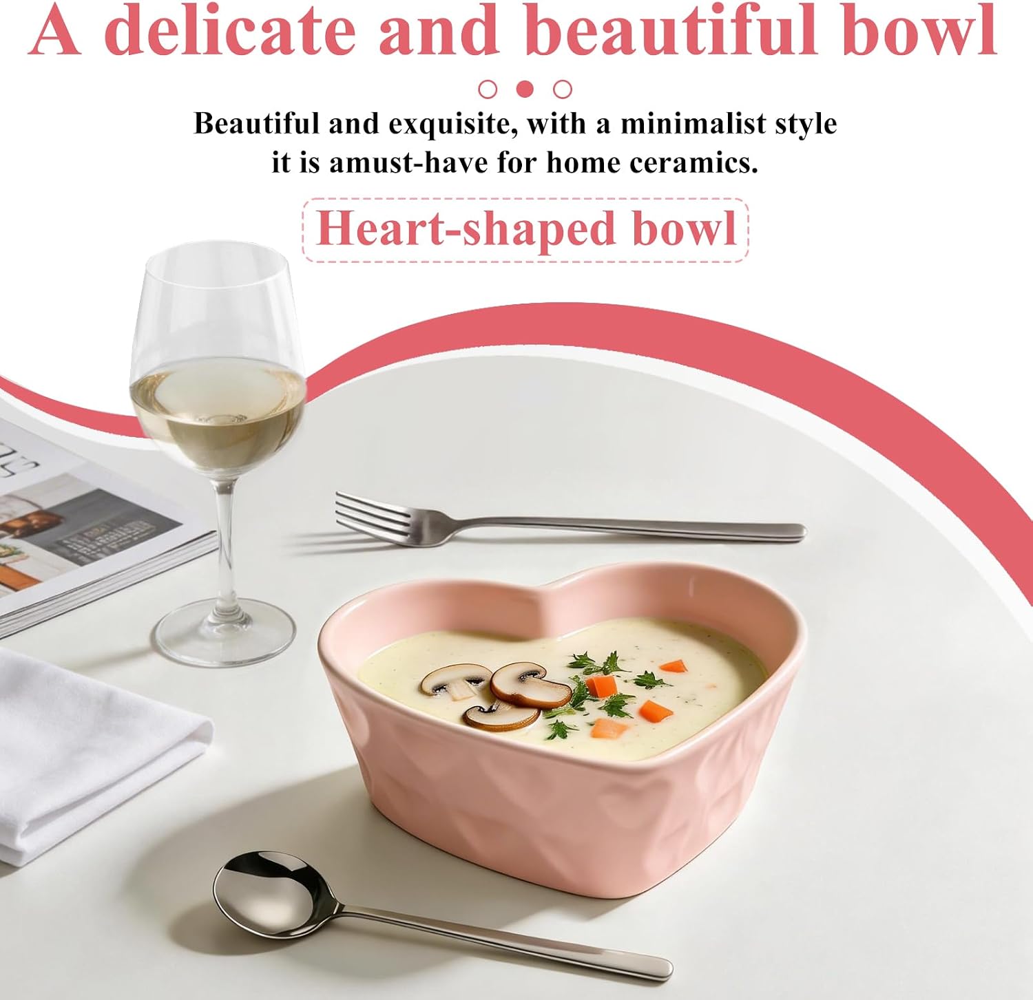 12-Piece Pink Heart Shaped Bowls Set (4 Deep Bowls, 4 Spoons, 4 Forks), 18.6oz Large Ceramic Cereal Soup Bowls (2.5" Deep), Oven Safe Heart Ramekins for Valentine’s Day, Gifting & Parties