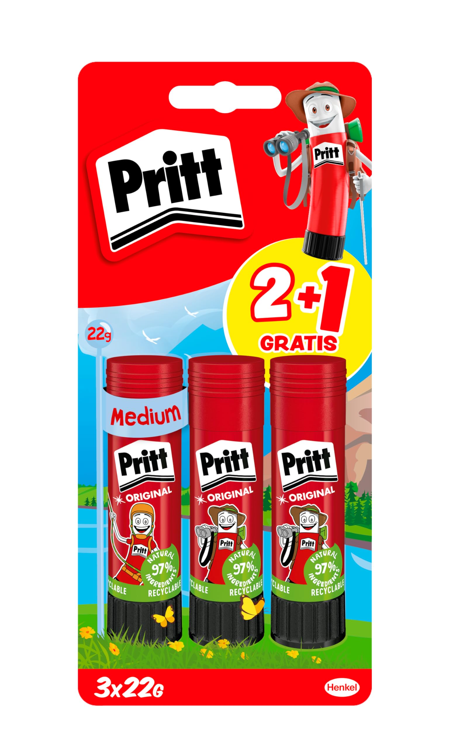 Pritt Barra Adhesiva, pegamento infantil seguro para niños para manualidades, cola universal de adhesión fuerte para estuche escolar y oficina, 2+1 x 22 g Pritt Stick