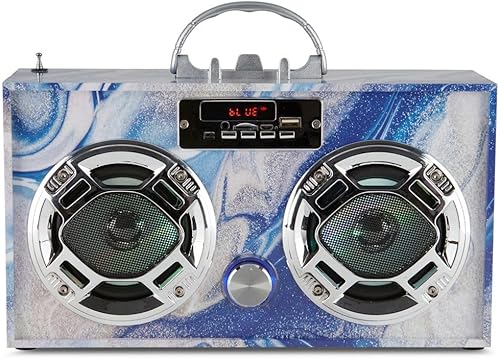 Miniatura 4 de Altavoz portátil para fiestas Boombox retro con Bluetooth, espectáculo de luces LED, radio FM mejorada, batería recargable (azul remolino - paquete