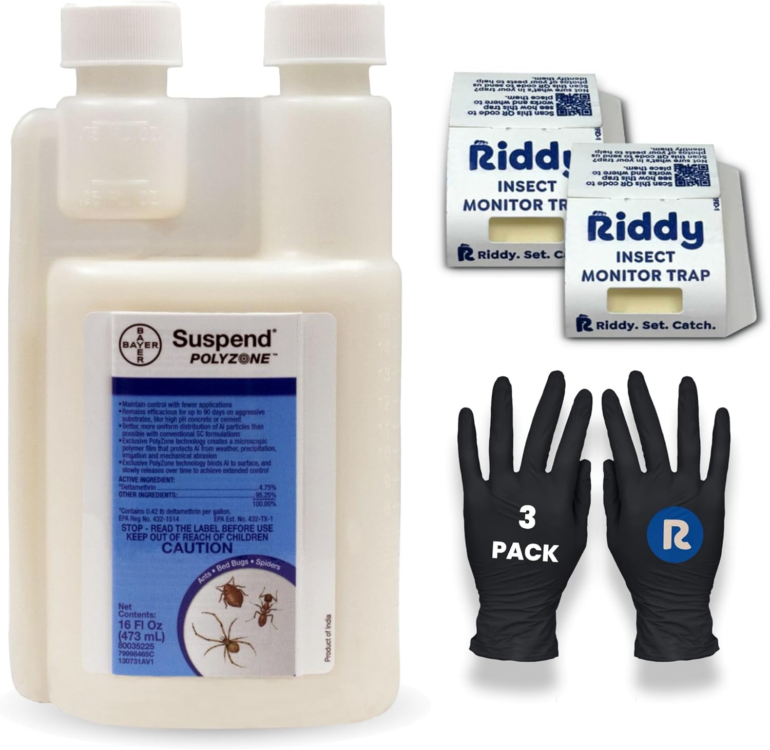 Suspend Polyzone Insecticide, 2-Pack Riddy Insect Monitor Boards, 3-Pack Riddy Nitrile Gloves, Comprehensive Indoor and Outdoor Solution