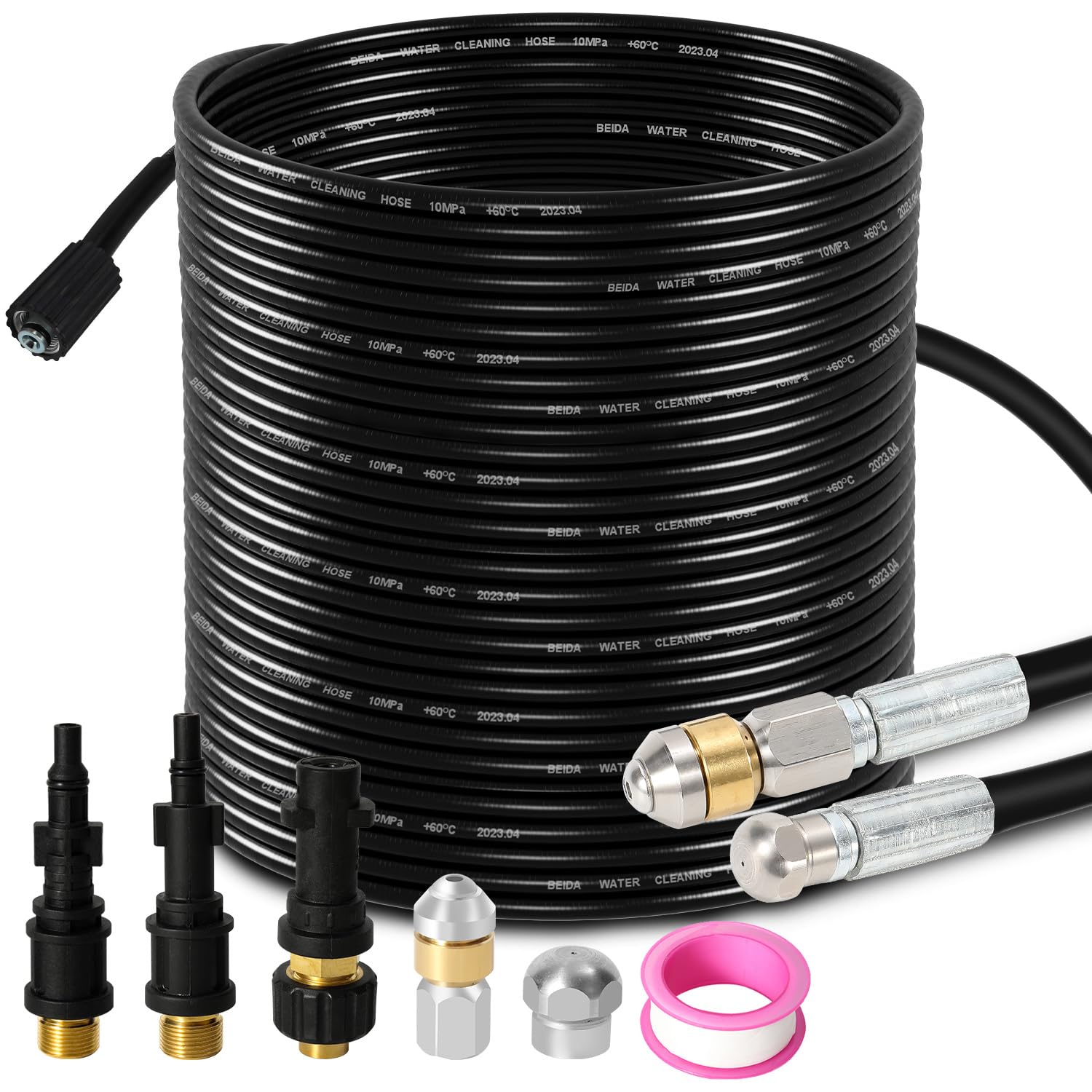 Rohrreinigungsschlauch 30 m für Kärcher K2 K3 K4 K5 K6 K7 HD Hochdruckreiniger, 160 bar, mit 2 Adaptern und 2 Düsen, starr + rotierend, 1/8 Anschluss, Rohrreinigungsset