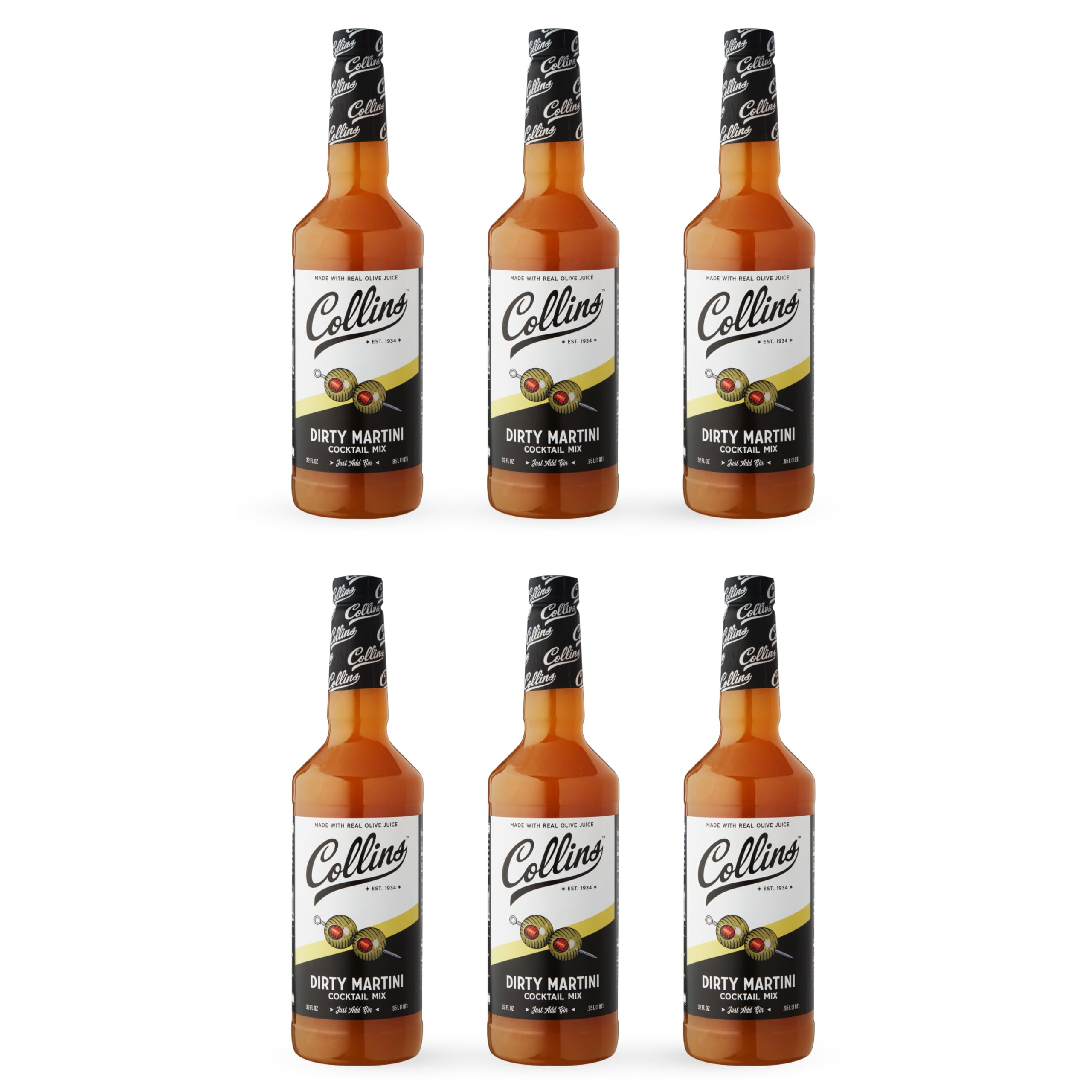 Collins Dirty Martini Mix, Made With Real Olive Brine for the Bold Flavor You Need, Classic Cocktail Recipe Ingredient, Bartender Mixer, Drinking Gifts, Home Cocktail bar, Set of 6 32 fl oz Bottles