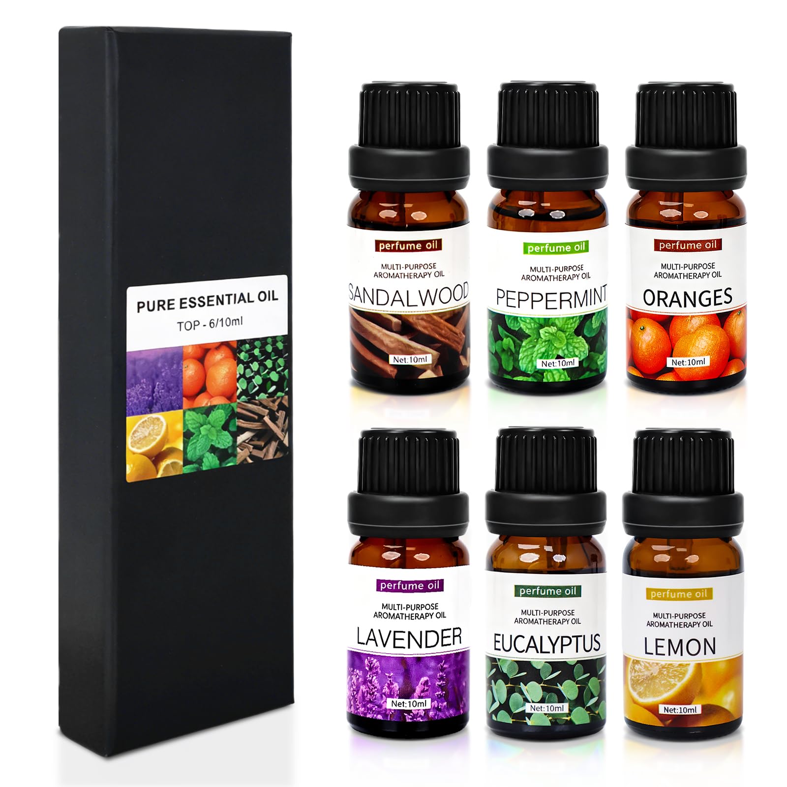 SKY-TOUCH Essential Oils Set, Premium Pure Oil for Diffusers, 100% Therapeutic Grade Aromatherapy Oils, Sandalwood, Sweet Orange, Lavender, Eucalyptus, Lemon, Mint - Bottles*10mL x 6