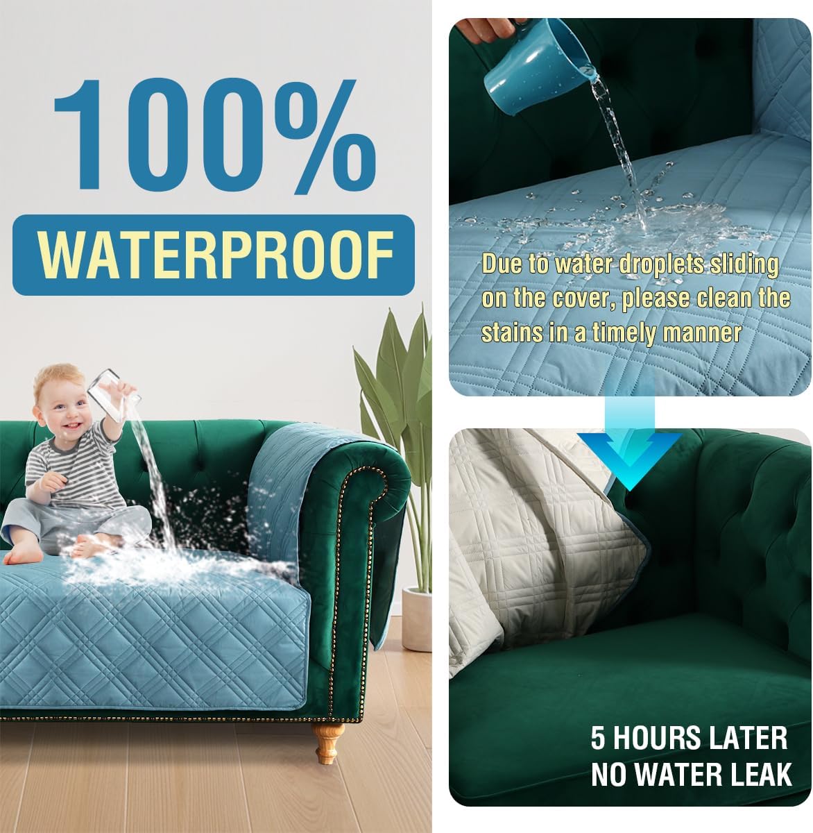 H.VERSAILTEX 100% Waterproof Couch Covers for Sofa Traditional Chesterfield Sofa Slipcovers with Extra Long Armrest Cover Thick Soft Couch Protector for Dogs(Oversized Sofa, Smoke Blue/Beige)