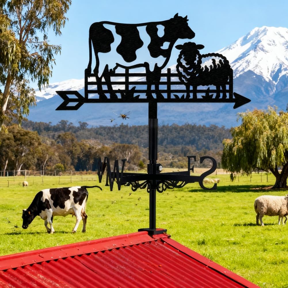 Animal Weathervane Cow Weather Vane for Roof Mount Animal Metal Weathervane for Garden Cow Wind Direction Indicators for Farmhouse Yard Outdoor Farm Barn Sheds Patio Decoration