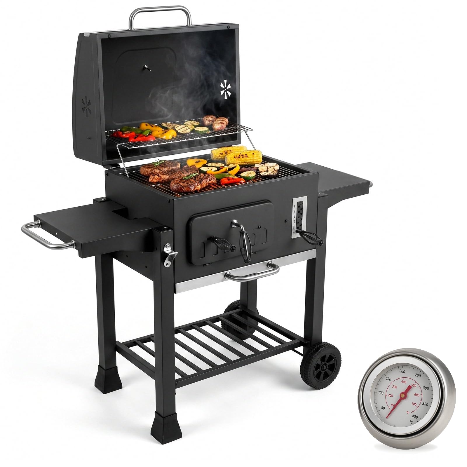 TLGREEN Barbacoa de carbón vegetal con tapa, termómetro, 2 ruedas, bandeja de carbón ajustable en 6 alturas, parrilla cromada, 130 x 56 x 137 cm, barbacoa ahumador para balcón, jardín, camping, gris
