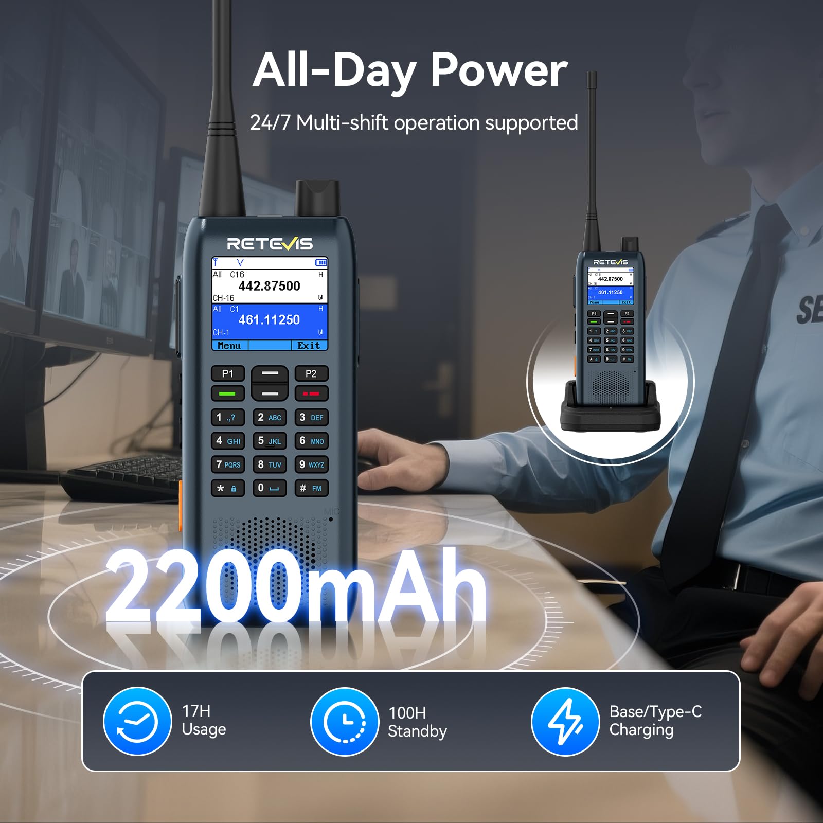 Retevis MateTalk C63 Krótkofalówki dla Dorosłych, System Dyspozytorski z Alarmem Wibracyjnym/Funkcją SMS, Wyświetlacz LCD, 3 Tryby Połączeń, Smukłe Krótkofalówki do Wież Biurowych (2 Opakowanie)
