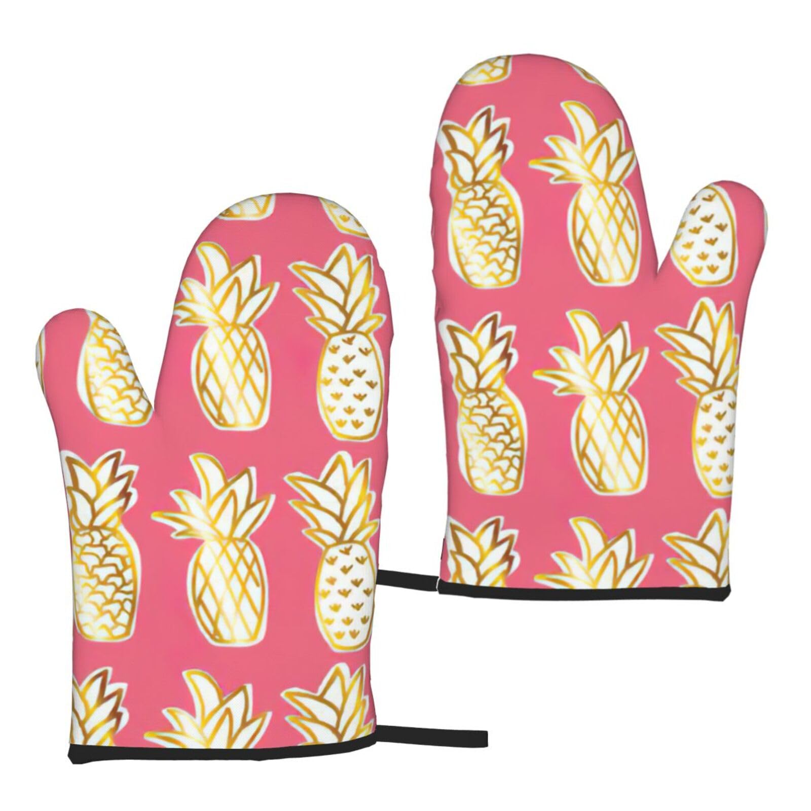 Nimongt Women's Black Pineapple Print Adults Universal Fit Heat Resistant Oven Gloves Reusable Cooking Outdoor Grilling