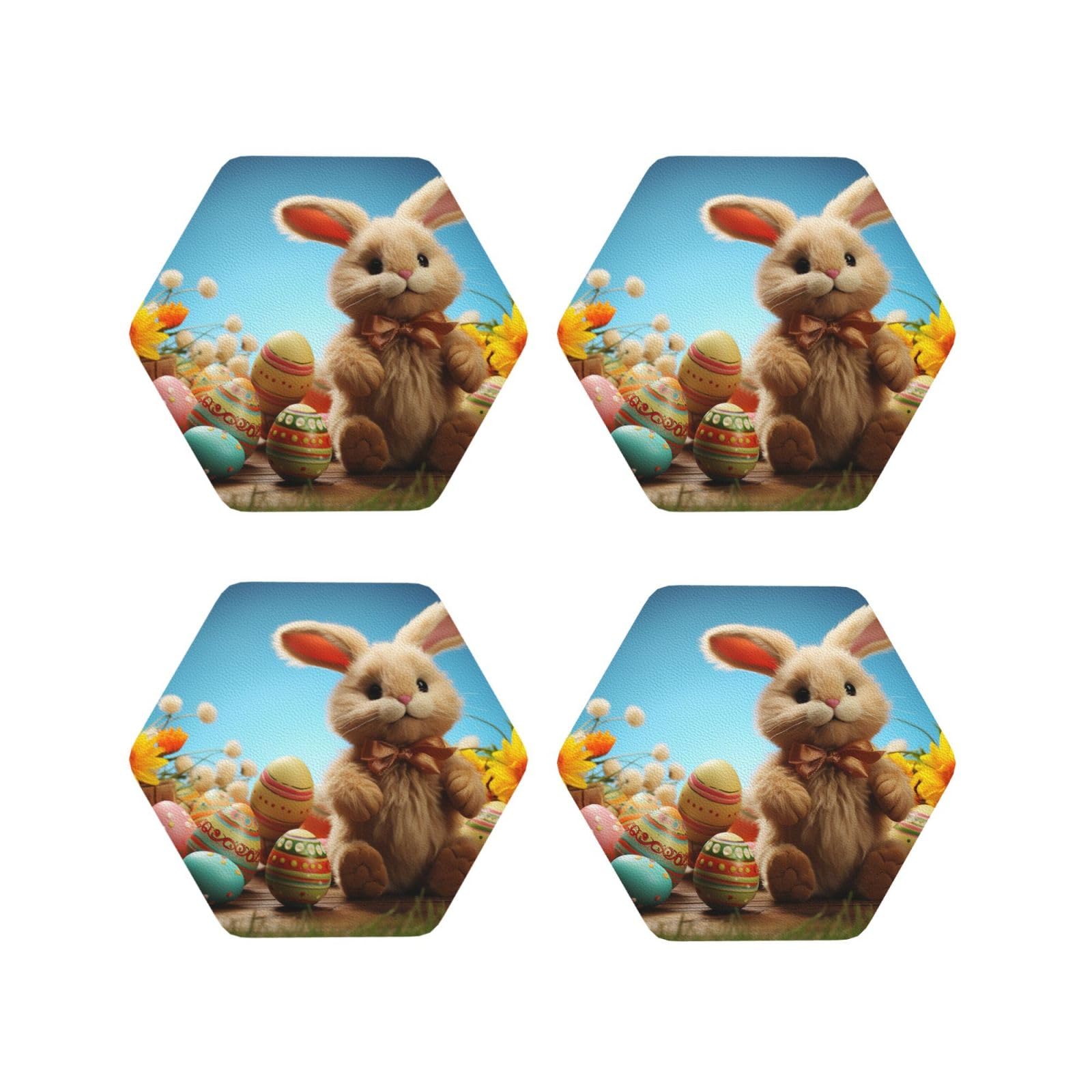 4Pcs PU Leather Coaster for Drinks, Easter Toy Bunny Cup Coastersr 4" Cup Mat Pad, Aesthetic Drink Coasters for Coffee Table, Hexagon Coaster for Tabletop Protection
