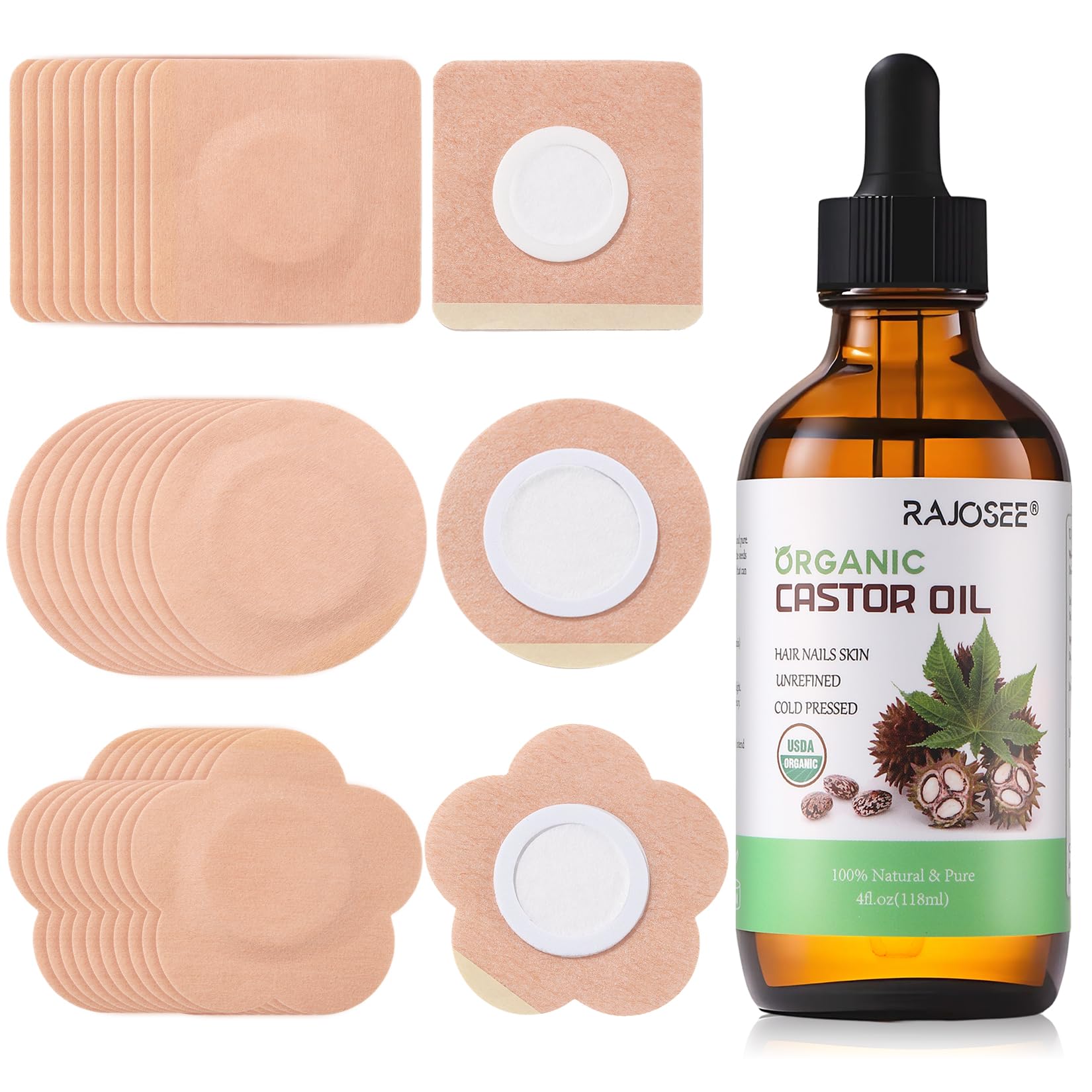 30Pcs Castor Oil Pack Wrap for Belly Button with 4oz Organic Castor Oil in Glass Bottle, Highly Absorbent Cotton Belly Button Patches Self Adhesive